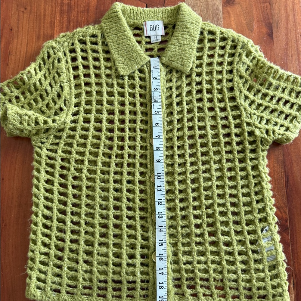 BDG For Urban Outfitters Open-Knit Short Sleeve Button Cardigan in Chartreuse - Picture 11 of 11